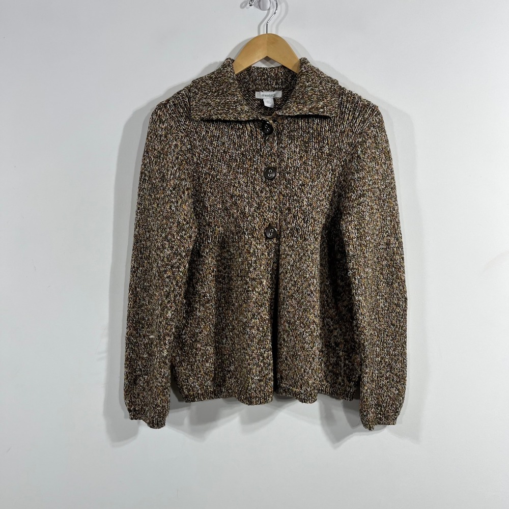 Dressbarn Y2K Granola Twee Brown Chunky Knit Button Front Cardigan Sweater PL
